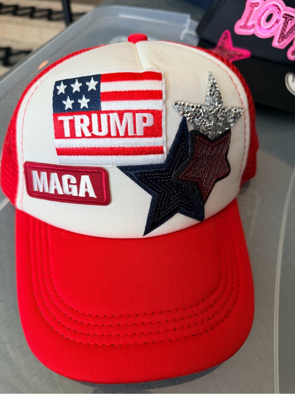 Red & White Embroidered Patriotic Cap with Patches